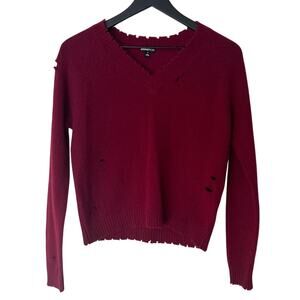 Minnie Rose Sweater Womens 100%‎ Cashmere Distressed V Neck Burgundy Small